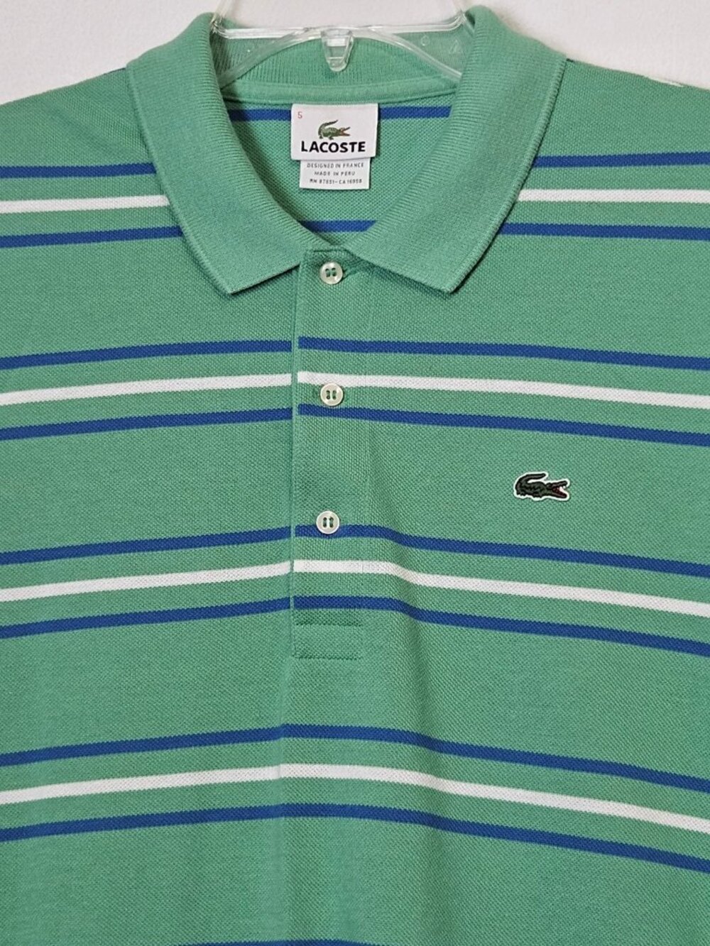 Lacoste Men's Polo Shirt Green Blue White Striped Sz 5 Large Cotton Pique S/S
